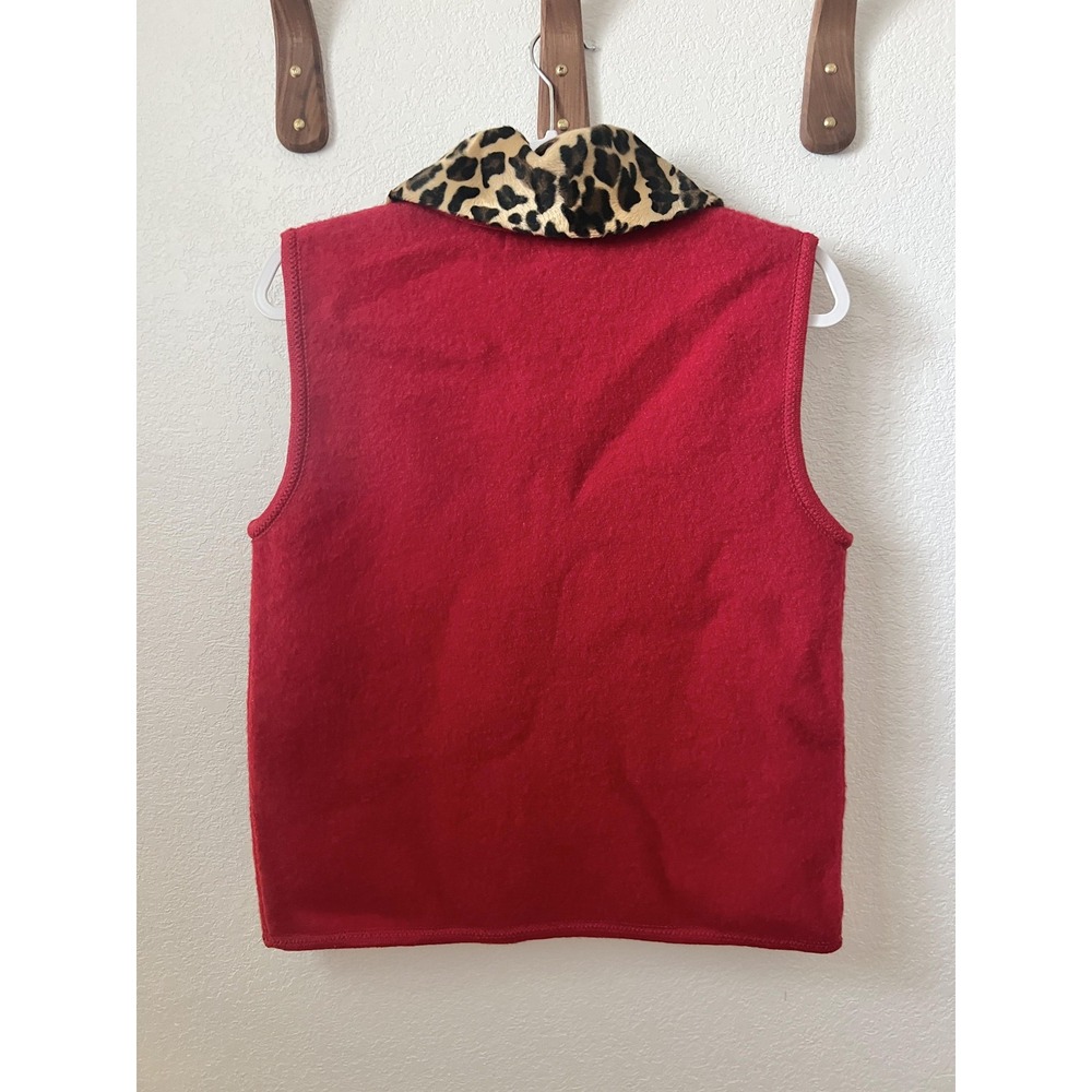 Lisa International Vest Womens Medium Red Wool Faux Fur Leopard Collar Zip - Picture 10 of 13